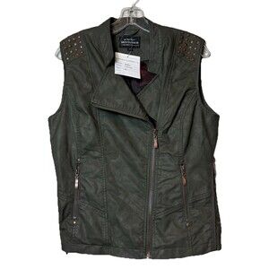 MontanaCo Women's Olive Green Faux Leather Studded Moto Vest Size Small NWT